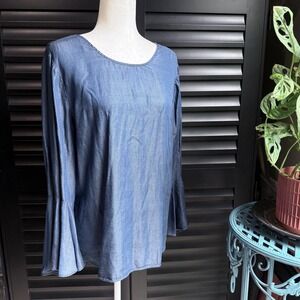 NWT Halston Chambray Blouse Bell Sleeve Lyocell Medium Blue Strappy Back